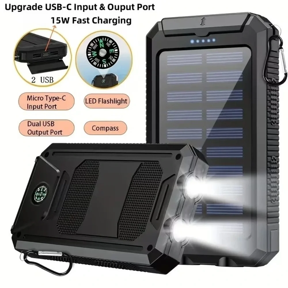 10000mAh Solar Power Bank Fast Charging Dual USB Portable Charger LED Flashlight